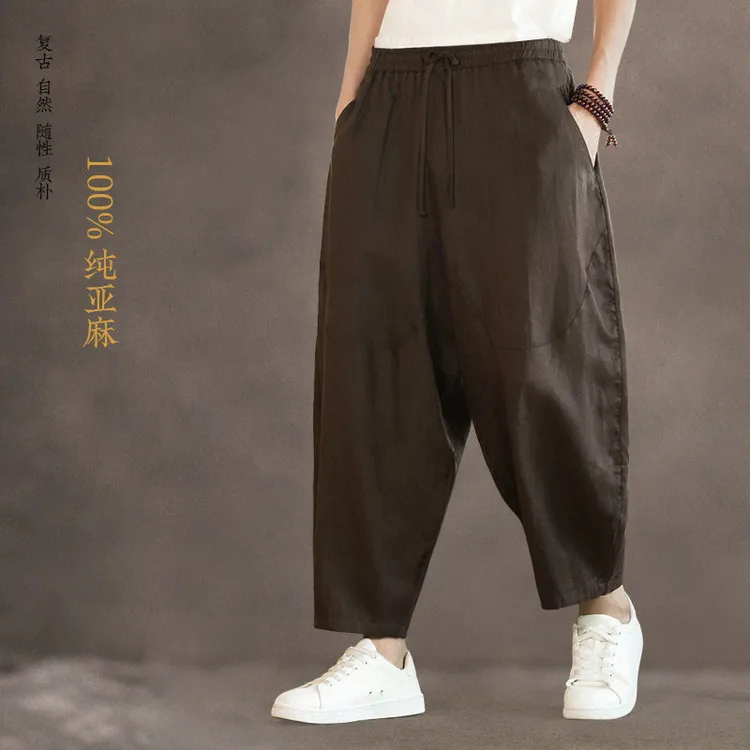 100%纯亚麻夏季新款中式休闲裤九分裤男士宽松哈伦阔腿裤灯笼裤子
