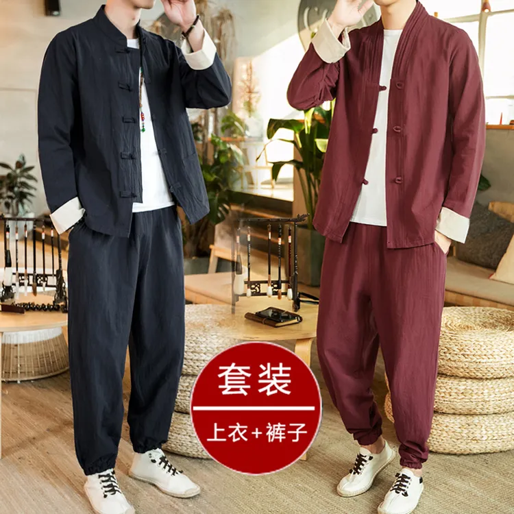 中国风男装新中式唐装亚麻套装复古风汉服男士佛系禅服棉麻中山装