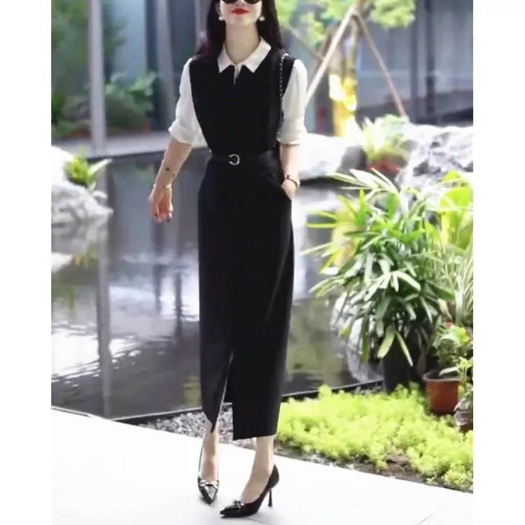 欧货爆款套装女2024年秋季新款时尚百搭衬衫收腰开叉连衣裙两件套