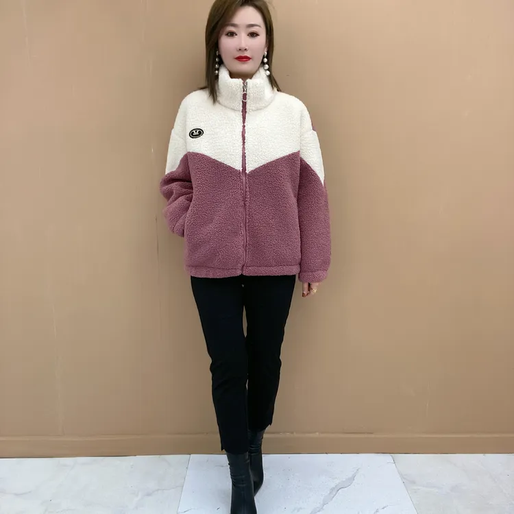 2023秋冬季新款时尚撞色拼接颗粒绒立领保暖休闲外套A081