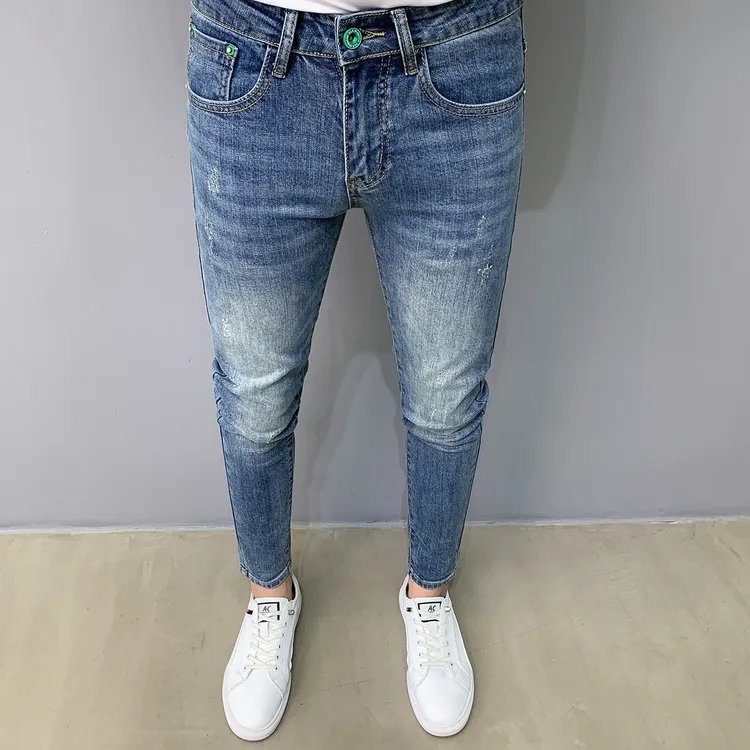 夏季薄款潮流牛仔裤男显瘦蓝色九分裤百搭修身韩版弹力小脚长裤