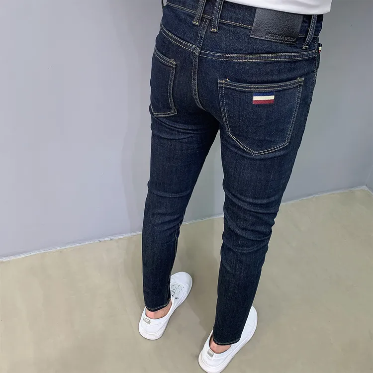 潮流复古深蓝色牛仔裤男士美式简约百搭春夏修身小脚弹力显瘦长裤