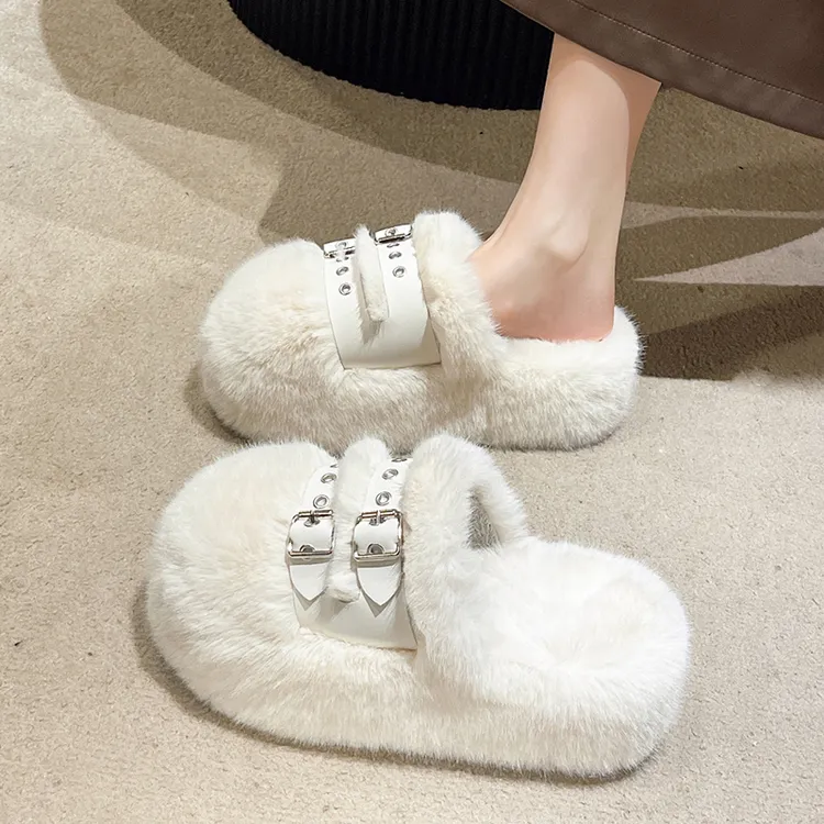 7cm厚底增高2025小个子皮带扣毛毛拖鞋女ins春秋款包头毛绒棉鞋