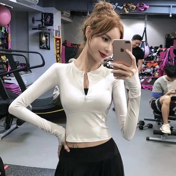 新款半拉链健身服女显瘦长袖运动跑步上衣紧身瑜伽服普拉提训练服