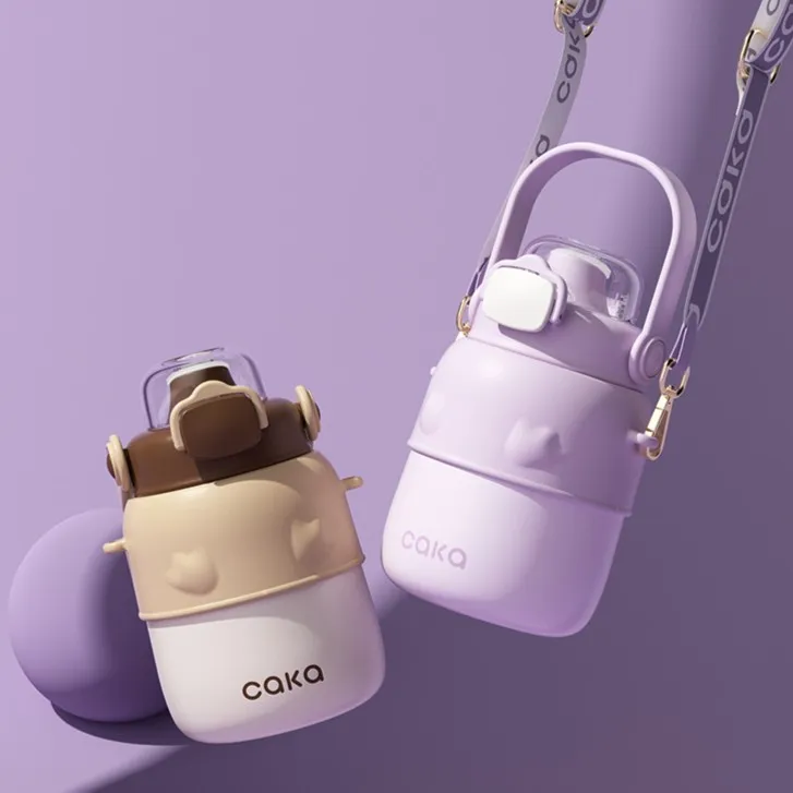 CAKA茶卡保温杯女士学生杯子高颜值大容量吸管水杯儿童大肚杯斜挎