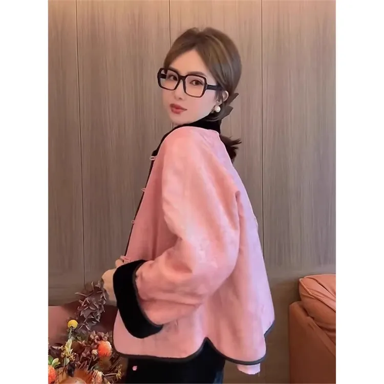 新中式国风唐装加绒加厚立领盘扣黑色丝绒棉服外套女2025初春新款