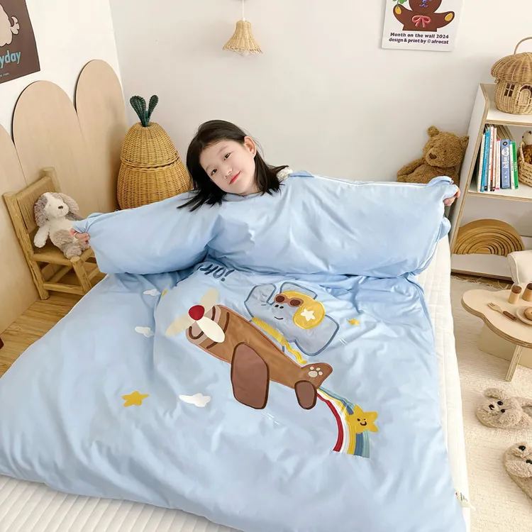 全棉儿童睡袋秋冬保暖防踢被中大童a类纯棉贴布绣卡通双层可拆卸
