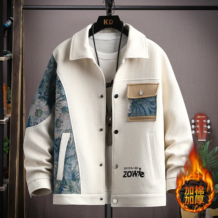 秋冬新款男士夹克休闲翻领加棉加厚拼接翻领外套宽松保暖茄克上衣
