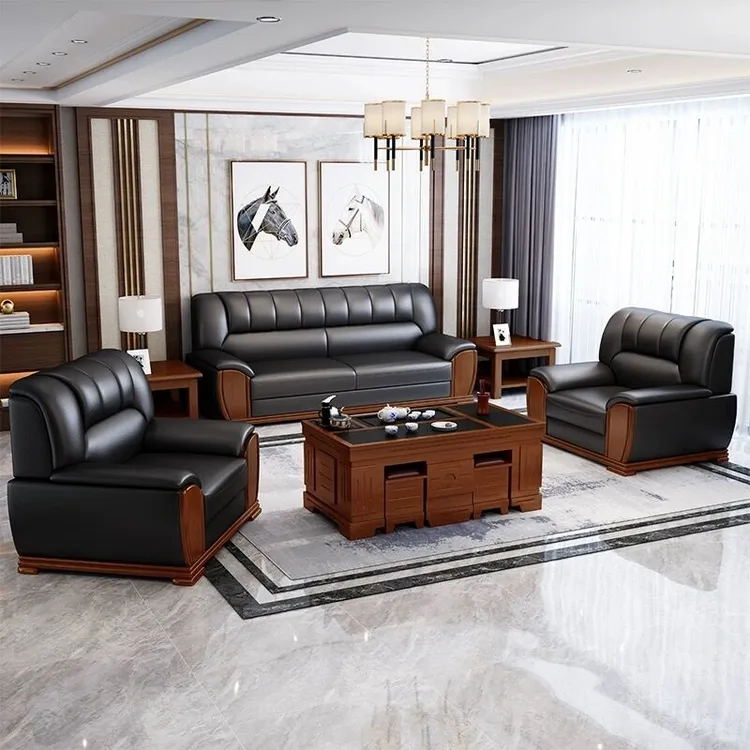 办公沙发新中式商务会客接待洽谈真皮简约现代办公室沙发茶几组合