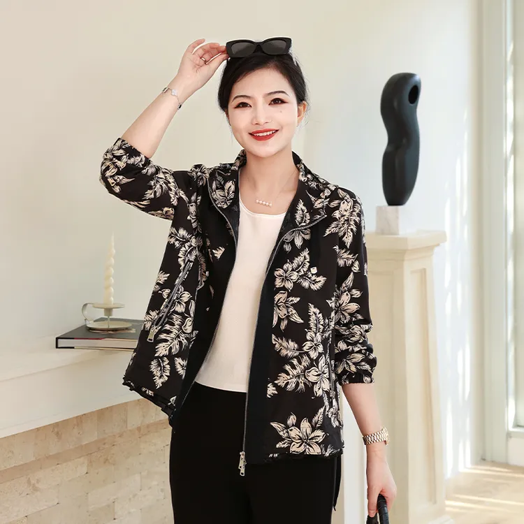 枫竺高端品牌女装【阿楠anan】一路生花初秋女宽松连帽印花上衣外套
