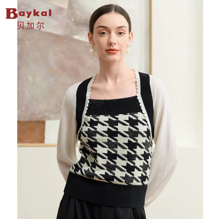 Baykal/贝加尔法式复古风时尚黑白针织衫女轻奢100%山羊绒衫24081