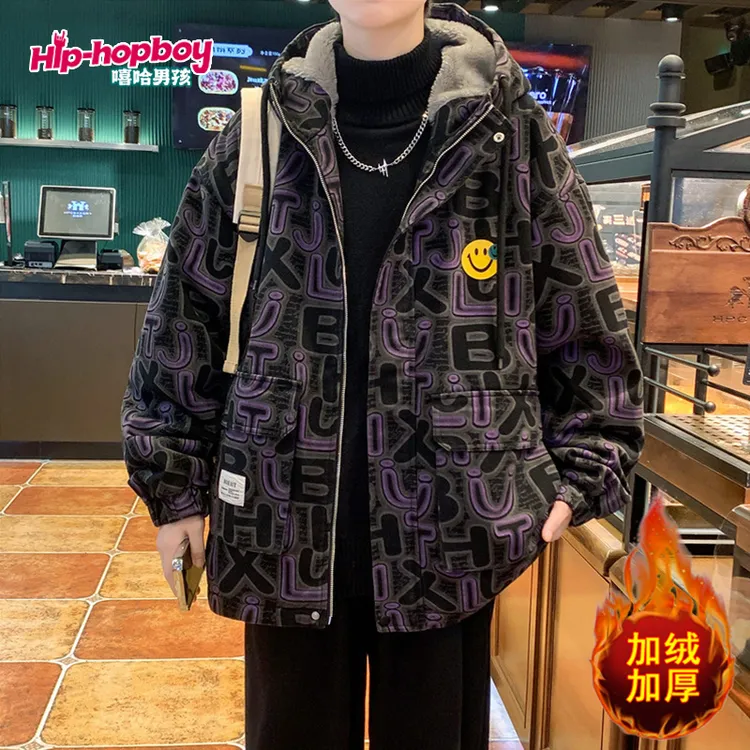 嘻哈男孩冬季新款加绒加厚连帽印花宽松保暖夹克厚棉袄学生