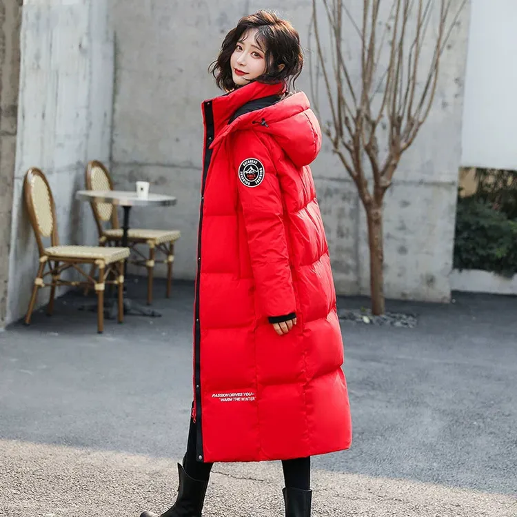 中长款过膝红色棉服女鼓舞队冬季新款显瘦时尚宽松加厚保暖外套