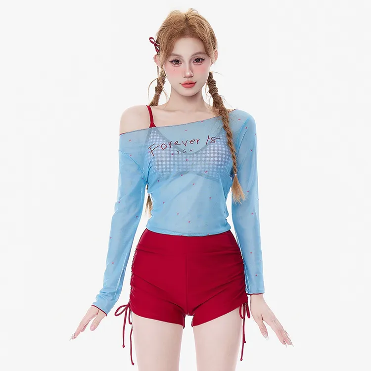 OneTwo【车厘子】网纱红蓝撞色显白泳衣女温泉度假分体泳装四件套