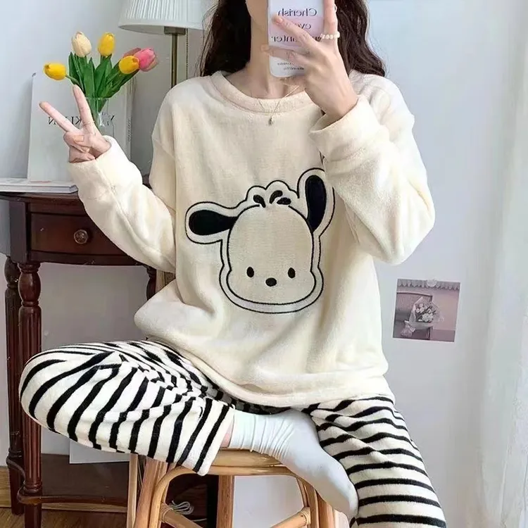 珊瑚绒睡衣女秋冬季加厚加绒法兰绒学生保暖条纹ins家居服套装韩