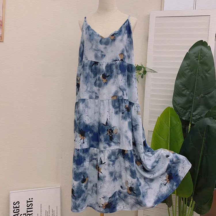 度假风大码人造棉棉绸吊带睡裙女夏季V领性感中长款薄胖MM家居服