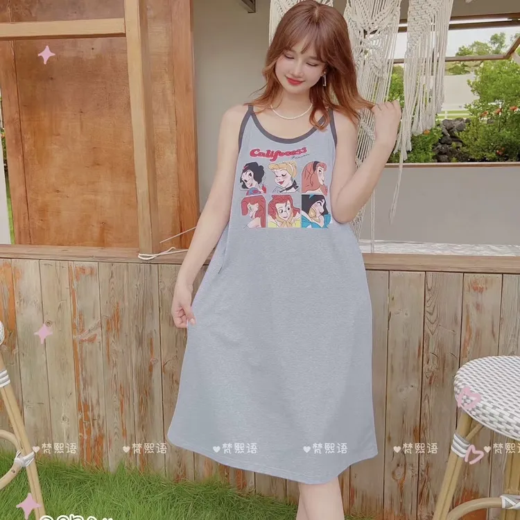 棉质吊带睡裙夏季女甜美卡通韩版无袖家居服睡衣中裙