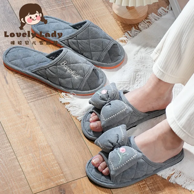 新款高端布艺居家男女情侣厚底防滑静音蝴蝶结刺绣家居室内拖鞋