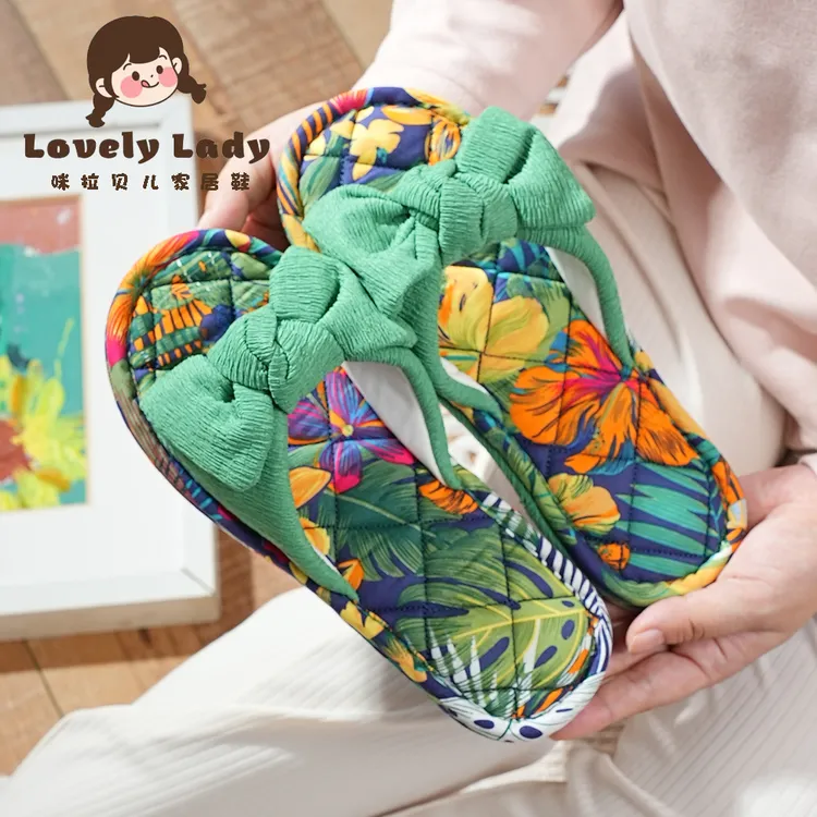 升级纯棉三层加厚波西米亚蝴蝶结ins公主风布底家居室内静音拖鞋