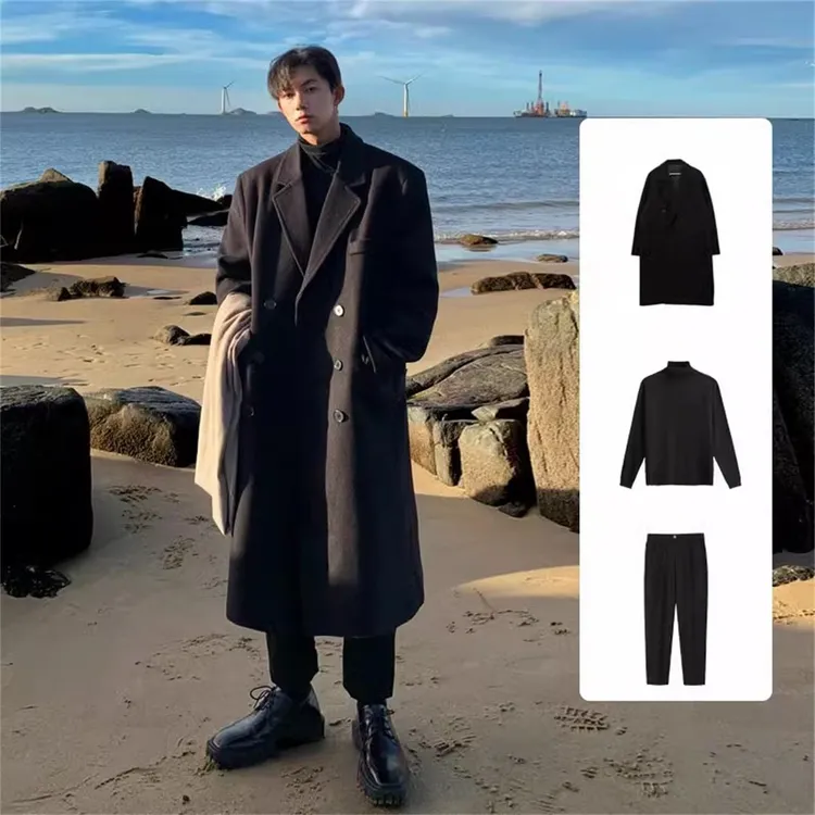 黑色赫本风毛呢大衣男士套装秋冬季中长款外套高级感痞帅呢子风衣