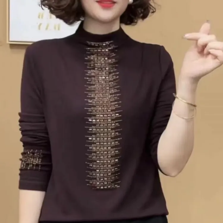 2024新款时尚秋季洋气百搭半高领烫钻长袖打底衫显瘦气质上衣