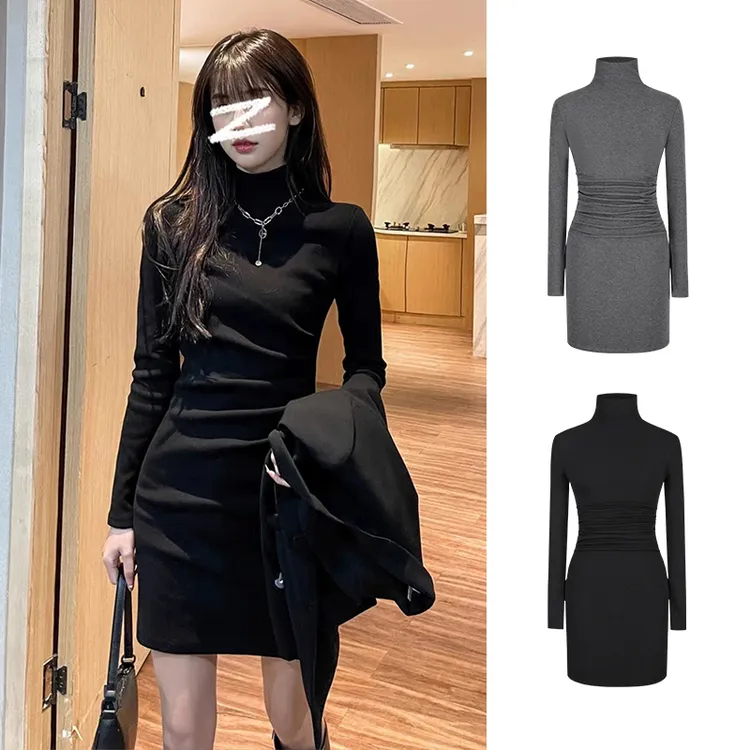 Moses Queen/魔西女王高级灰抽褶掐腰包臀短裙半高领长袖连衣裙