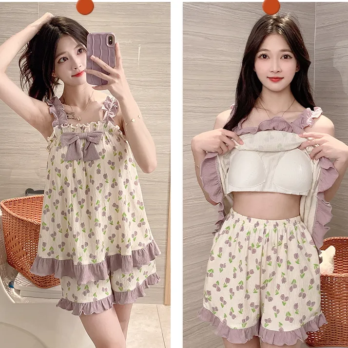 2024新款睡衣女夏季吊带带胸垫套装卡通可外穿多巴安学生家居服女