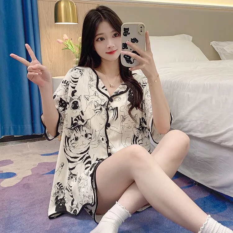 睡衣女夏季2024新款带胸垫学生短袖短裤开衫大码家居服套装可外穿