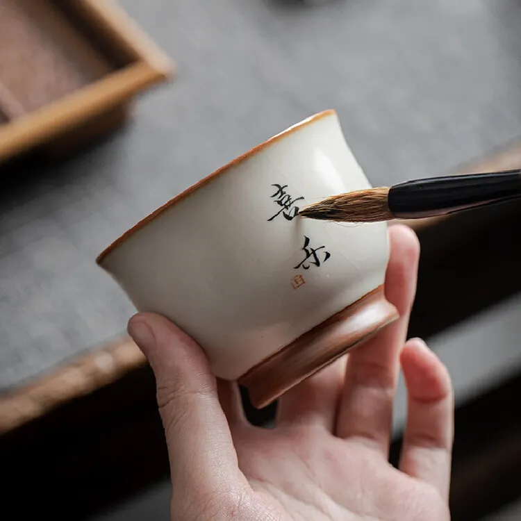 汝窑米黄主人杯家用大号茶盏碗单杯陶瓷杯个人专用手写定制品茗杯