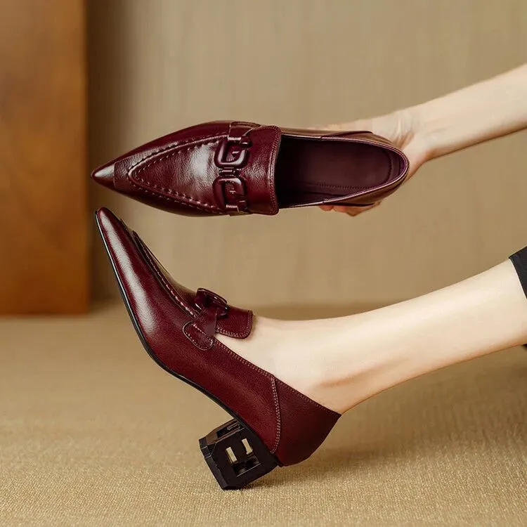 （羊皮/5厘米）法式轻奢粗跟高跟女鞋尖头浅口时尚百搭工作鞋