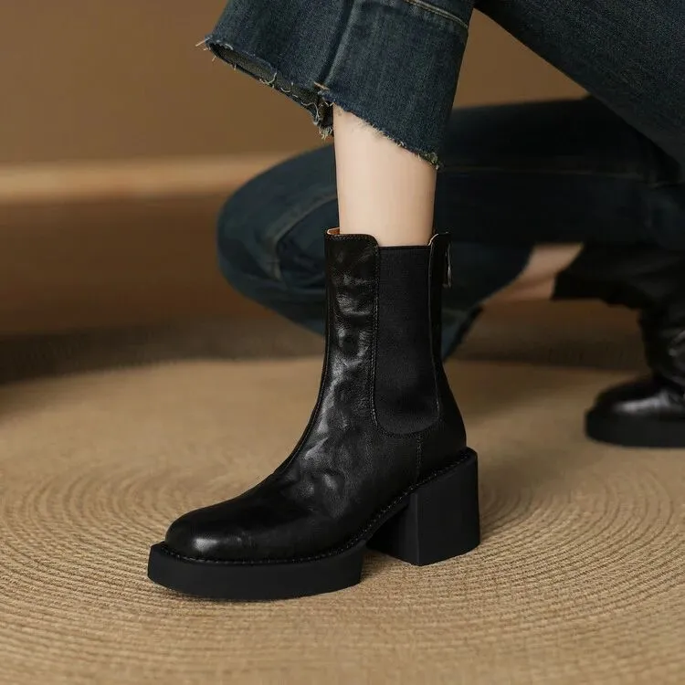 头层羊皮~6.5cm时尚百搭复古粗跟厚底英伦风真皮切尔西短靴马丁靴