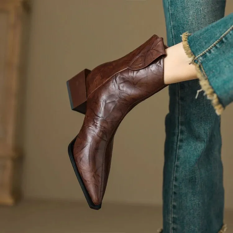 里外真皮~安哥拉红5cm时尚百搭复古粗跟气质短靴女尖头显瘦英伦风