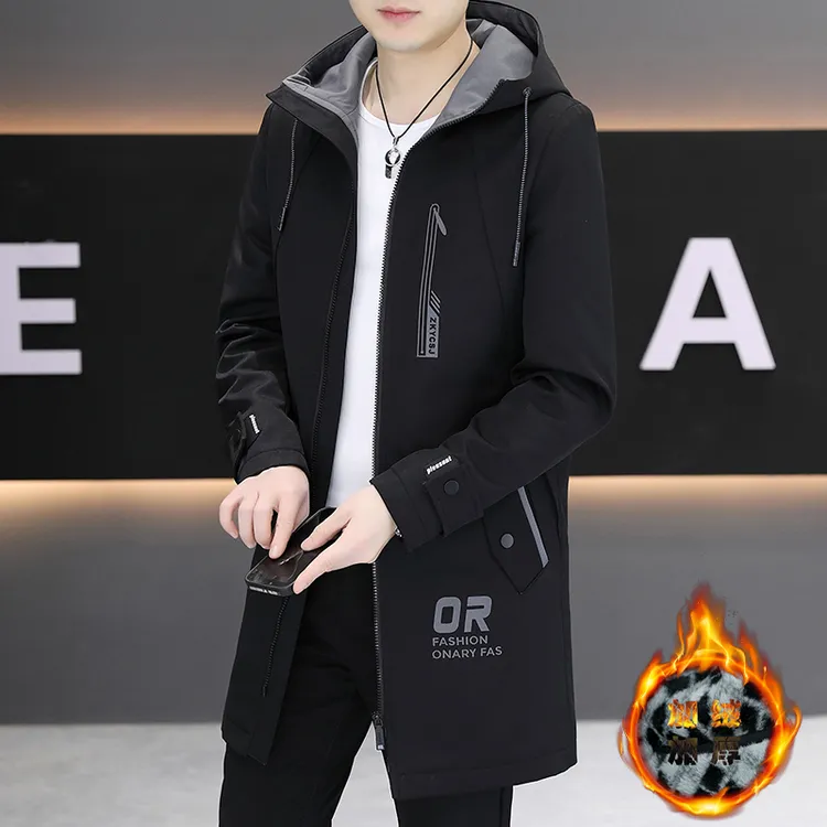 秋冬新款爆款男士中长款风衣外套连帽休闲上衣加绒加厚韩版潮夹克