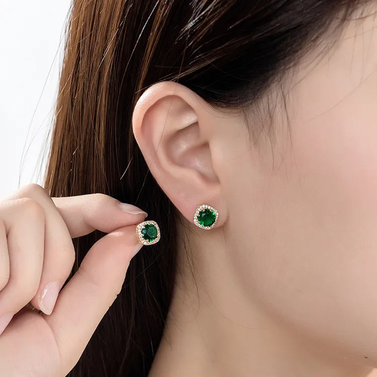 新款潮秋冬季墨绿精致耳钉欧美耳环百搭方形几何耳饰