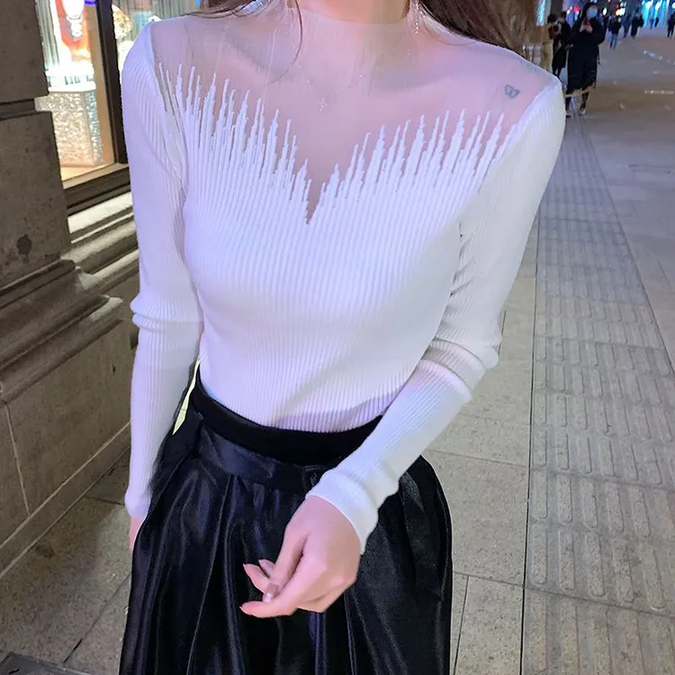 秋冬新款女装蕾丝拼接长袖修身针织衫显瘦小心机洋气打底上衣