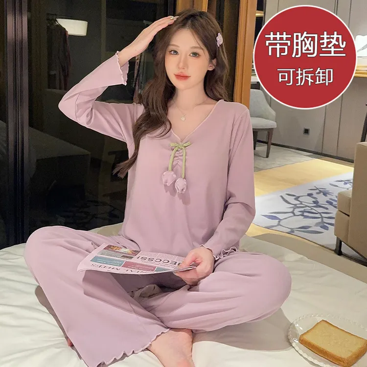 秋冬双面德绒长袖2025睡衣女甜美公主风带胸垫可外出家居服女士