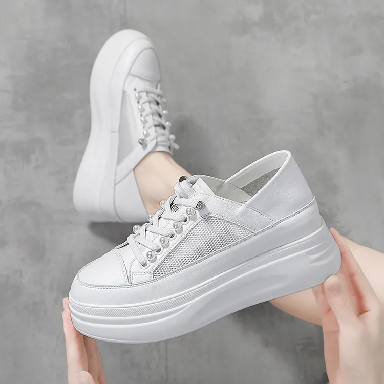 小白鞋女2025秋季新款网面透气轻便厚底松糕鞋子女内增高踩跟女鞋