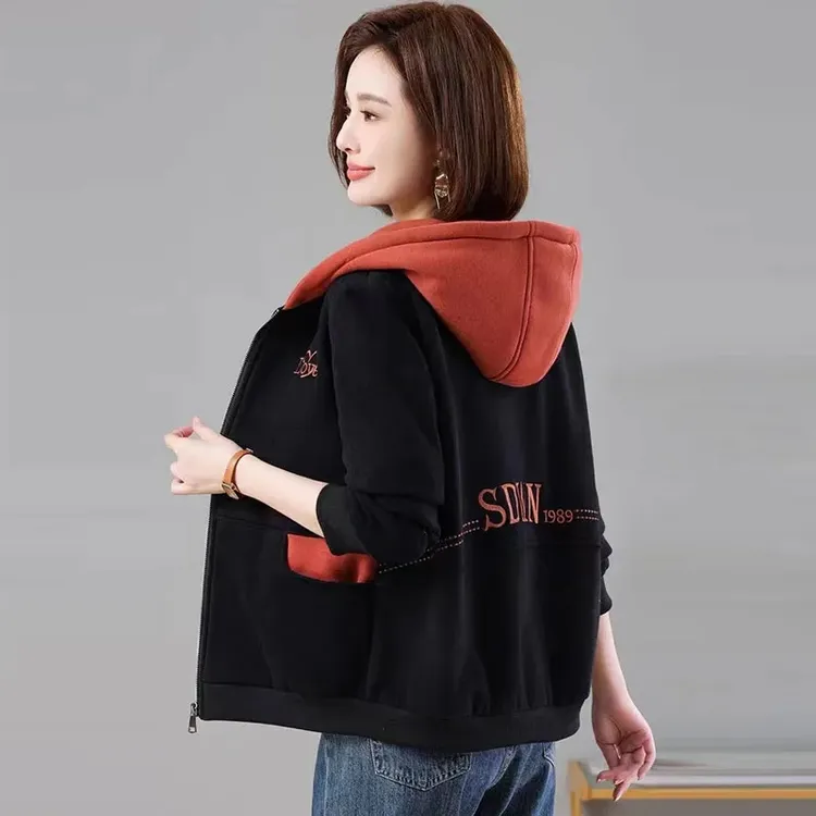 春秋款外套女2024新款韩版时尚刺绣连帽卫衣女休闲百搭妈妈装上衣