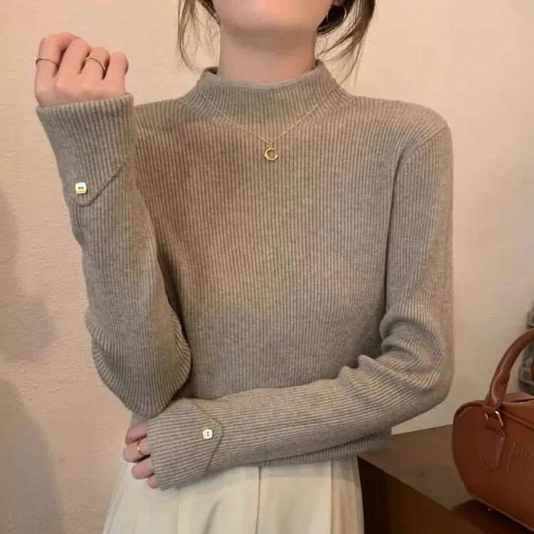 大码胖mm半高领毛衣女2024秋冬高级感内搭长袖修身针织打底衫上衣