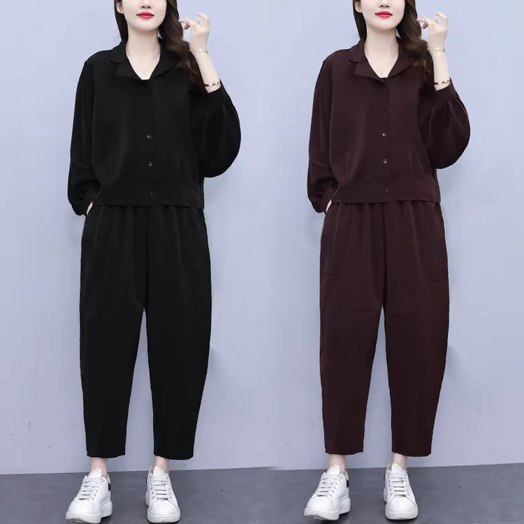 2025春季新品时尚宽松气质长袖运动显瘦套装阔腿秋装百搭大码女装