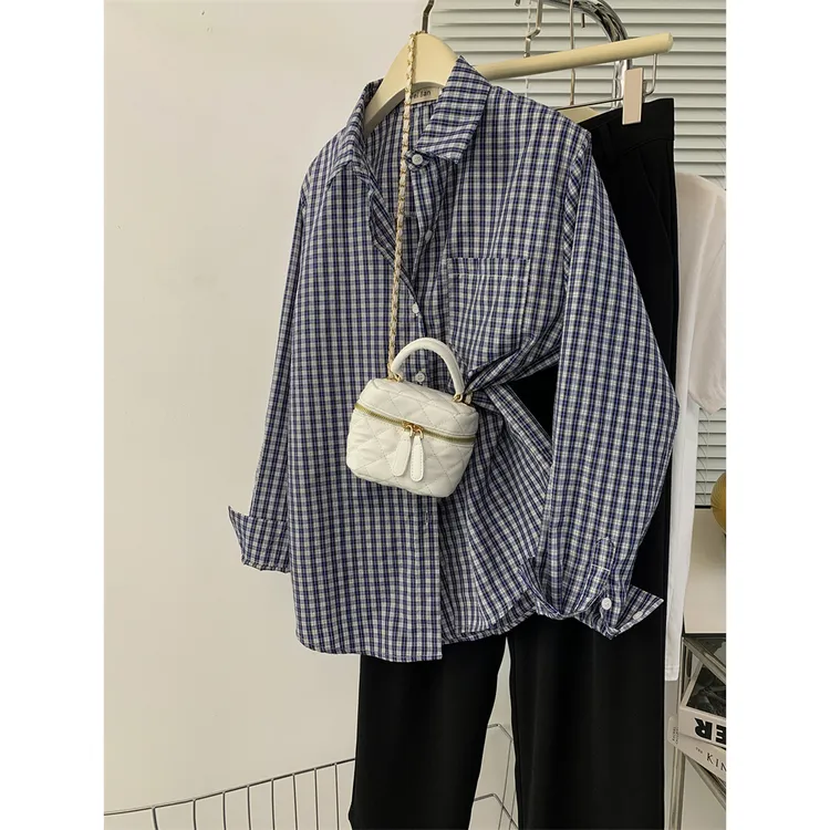 复古格子长袖衬衫女春秋新款韩版设计感小众经典宽松慵懒风衬衣潮
