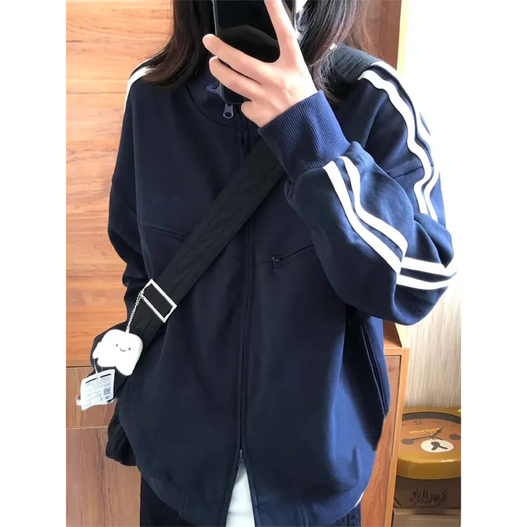 美式复古拉链立领卫衣女宽松开衫春秋款休闲运动情侣双杆拼接外套