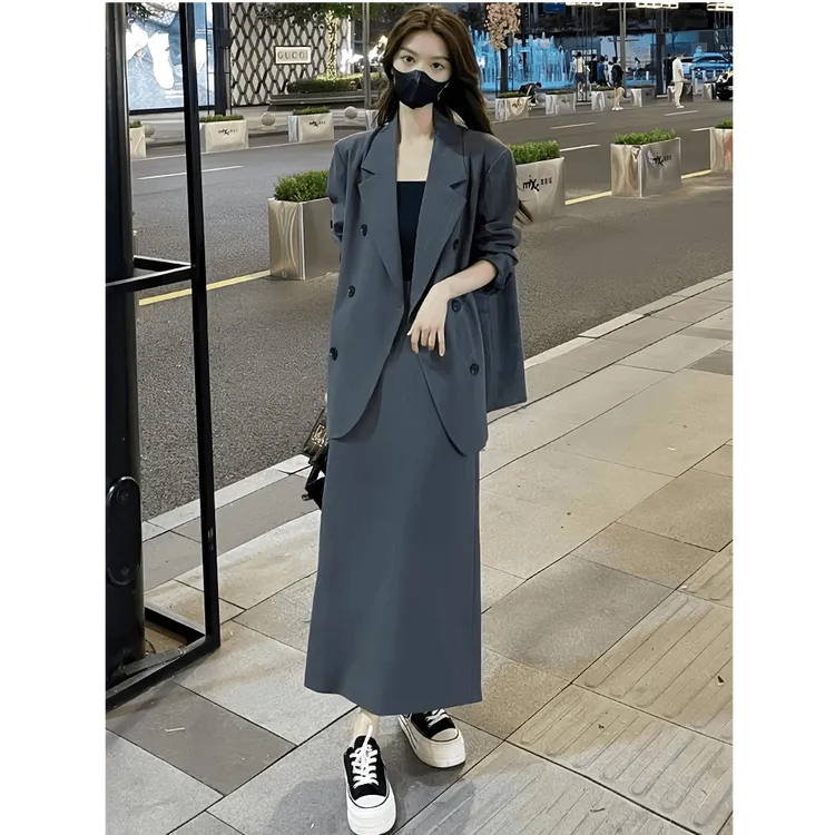 高级感休闲西服套装裙女秋季中长款西装外套高腰半身裙显瘦两件套