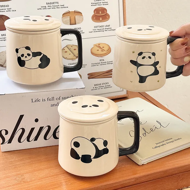 创意可爱熊猫泡茶杯带盖陶瓷水杯带茶漏马克杯办公室杯子陶瓷