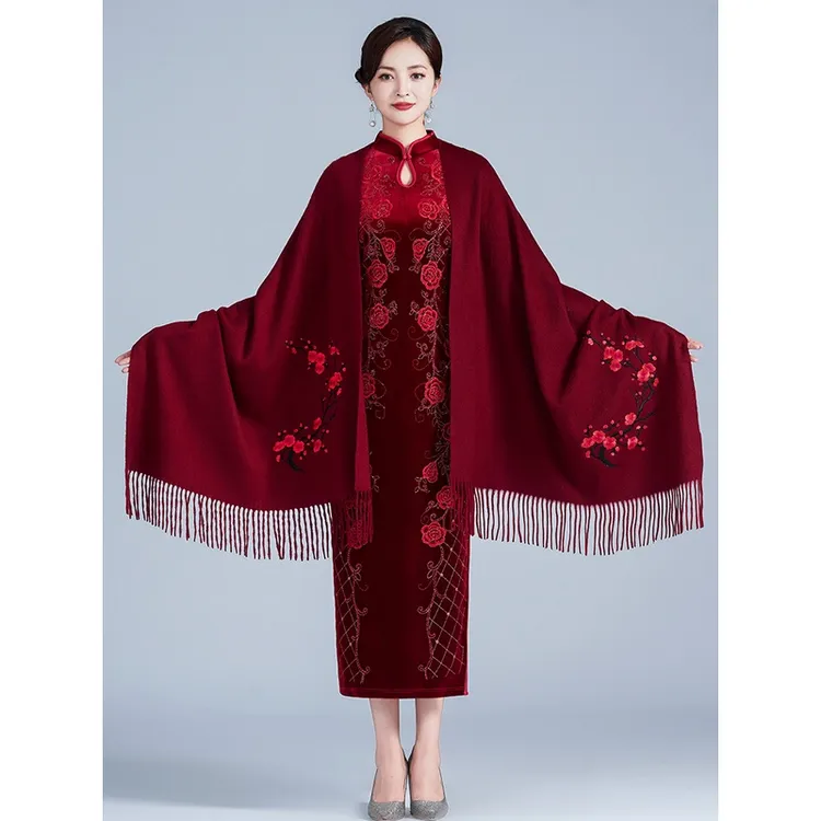 高端羊绒披肩配旗袍婚宴妈妈外搭喜婆婆羊毛围巾两用礼服外披冬季