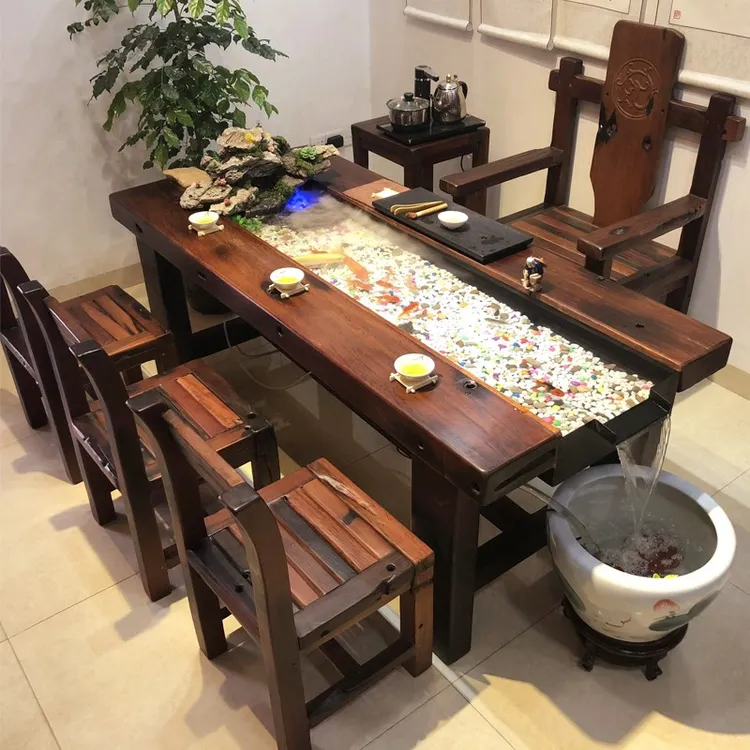 老船木茶桌椅组合流水景观养鱼功夫茶几实木家具客厅原木艺术茶台