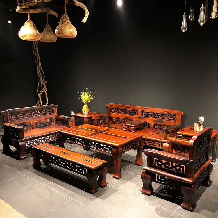 老船木原生态客厅别墅沙发简约实木中式仿古三人沙发茶几家具组合