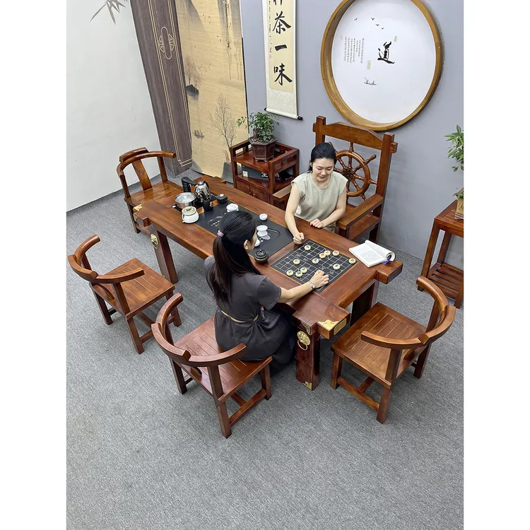 实木茶桌椅组合一桌五椅办公室轻奢一体套装家用茶几老船木泡茶台