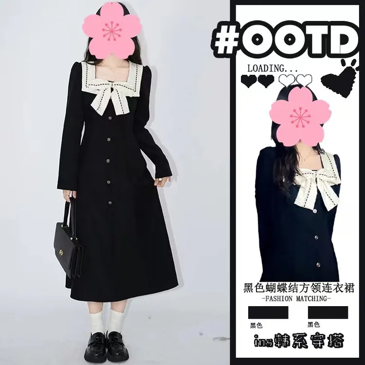 桔梗法式黑色蝴蝶结方领连衣裙女早春季新款赫本风小黑裙茶歇长裙