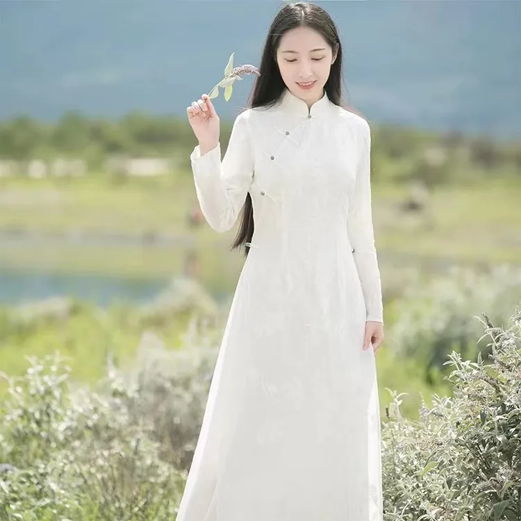 中式白色禅意茶服服装禅服女仙气秋冬高端打底收腰茶艺师连衣裙